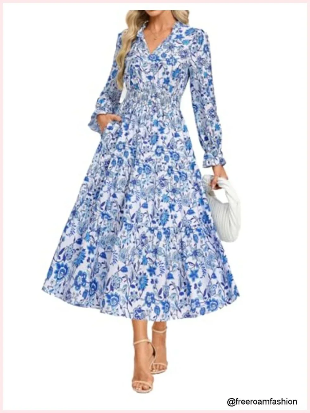 Floral Midi Dress Long Sleeve V-Neck Smocked Waist A-Line with Pockets